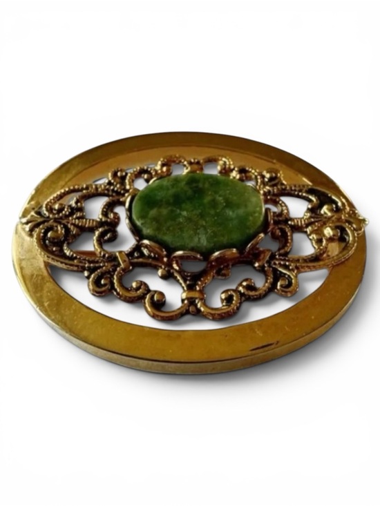 Source Unknown Jewelry - Vtg Gold‑Tone Filigree Brooch, Green Nephrite Jade-Look Cabochon Mid-Century Pin